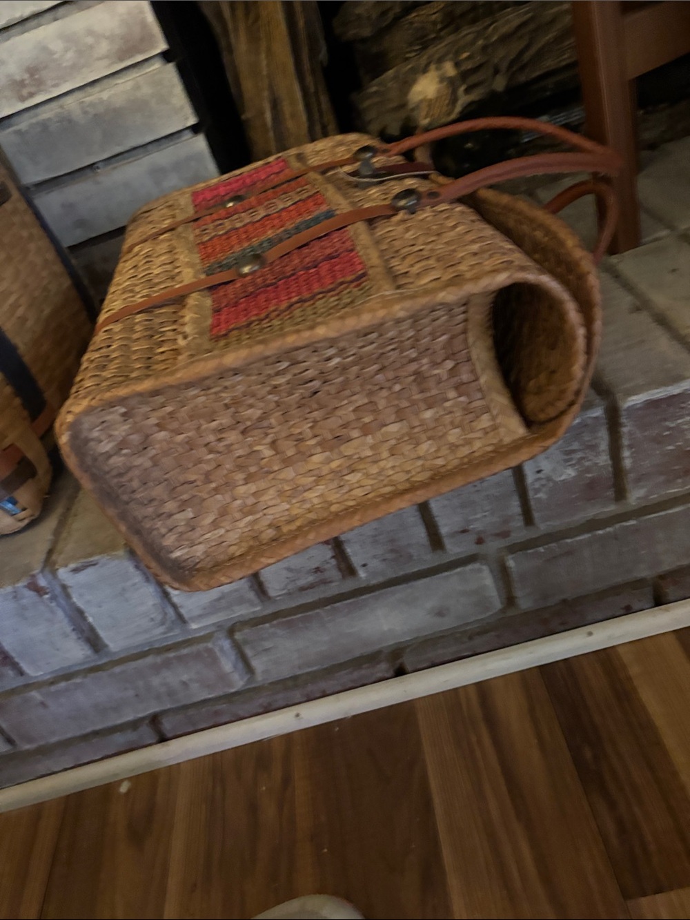 Vintage Woven Straw Tote with Brown Leather Handles - Picture 7 of 7
